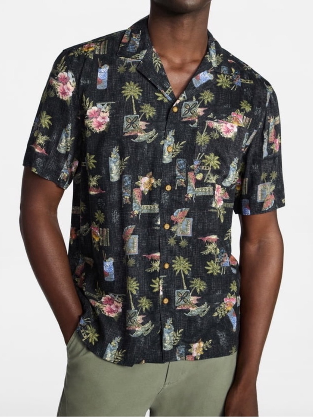 George Black Printed Camp Short-Sleeve Button-Down Shirt Black Tiki
